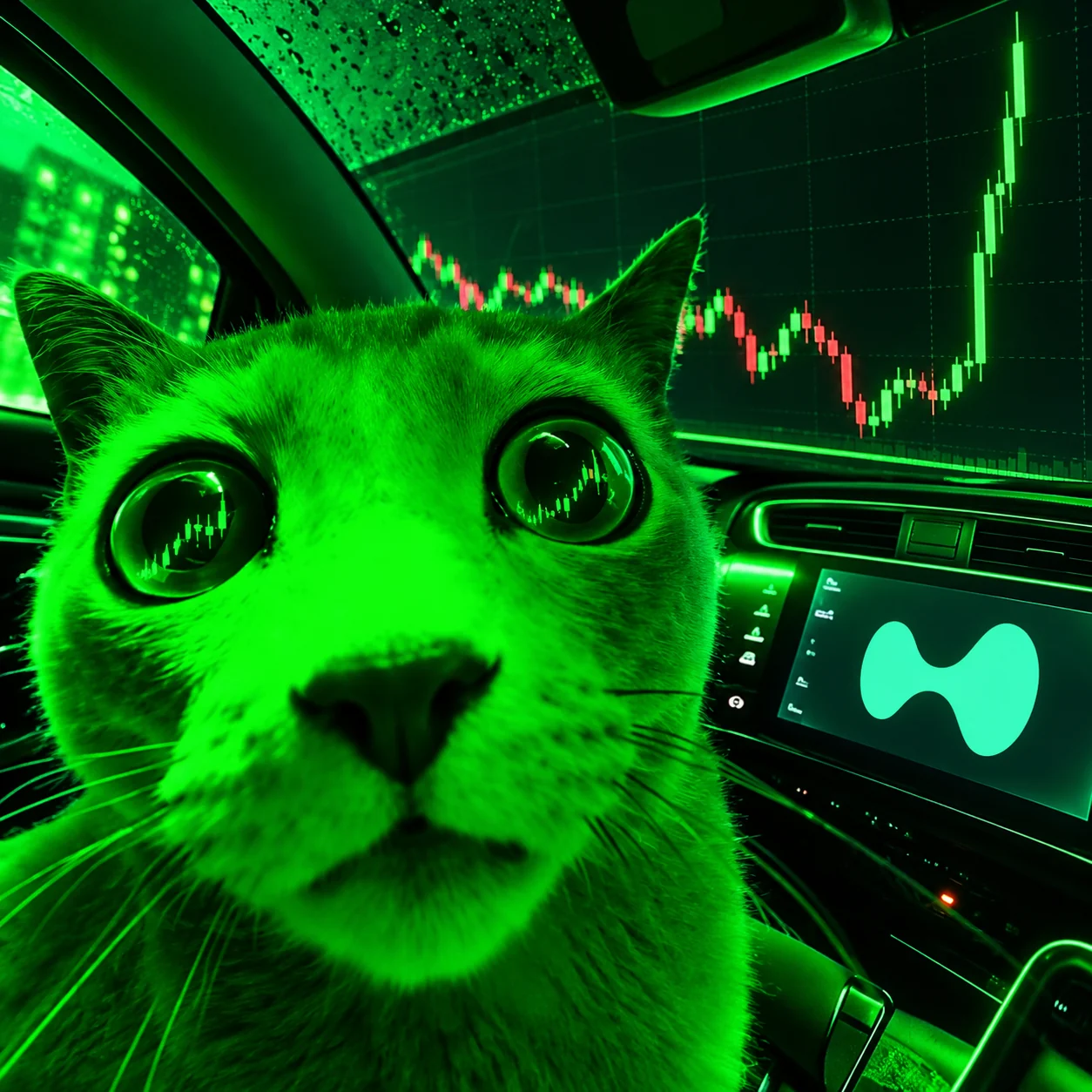 Neon green wide-eyed Hyperpump cat watching candlestick chart